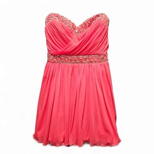 NEW B Darlin Coral Pink Rhinestone Embellished Strapless Satin Dress Size 9 / 10
